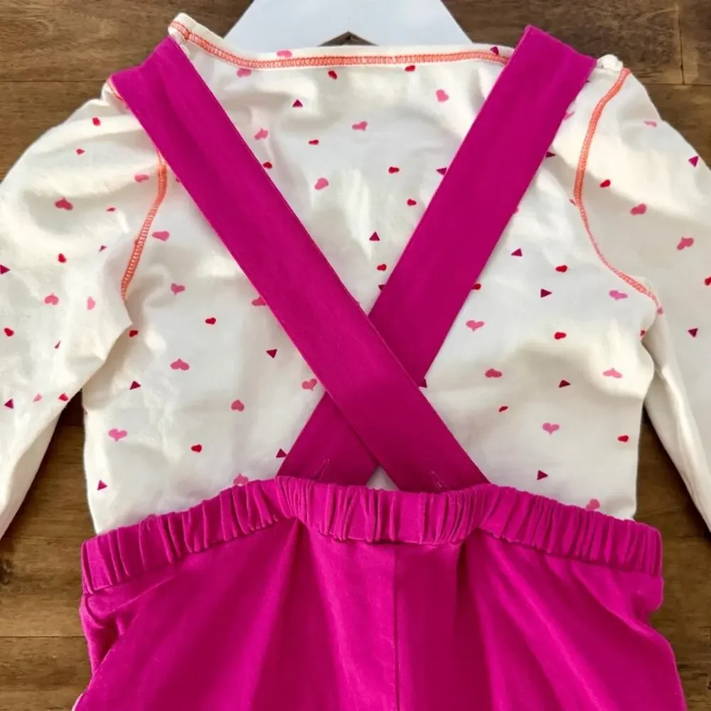 Wildflowers Girls First Love Pink Ruffled Overalls with Cream Heart Top Set 4